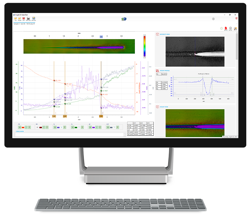Rtec-Instruments-Software-Scratch-Data-Correlation 3D Scratch tester data showing panoramic image combined with scratch adhesion data